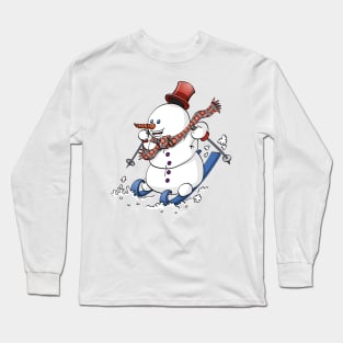 A snowman on skies with a red hat Long Sleeve T-Shirt